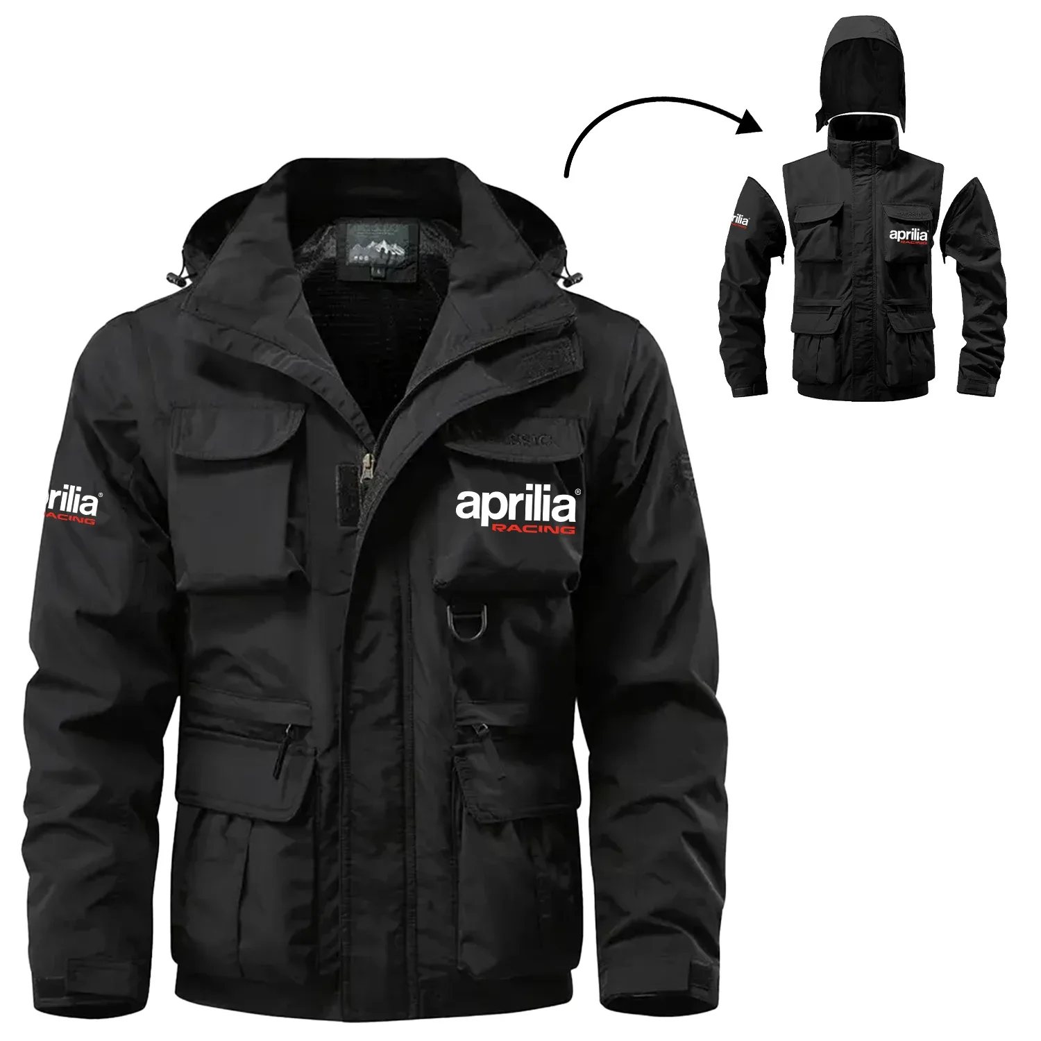 Aprilia Exclusive Logo Waterproof Multi Pocket Jacket Detachable Hood and Sleeves OSMTB2MPJ12APZ – Aprilia Jacket Aprilia Exclusive Logo Waterproof Multi Pocket Jacket Detachable Hood and Sleeves OSMTB2MPJ12APZ – Aprilia Jacket