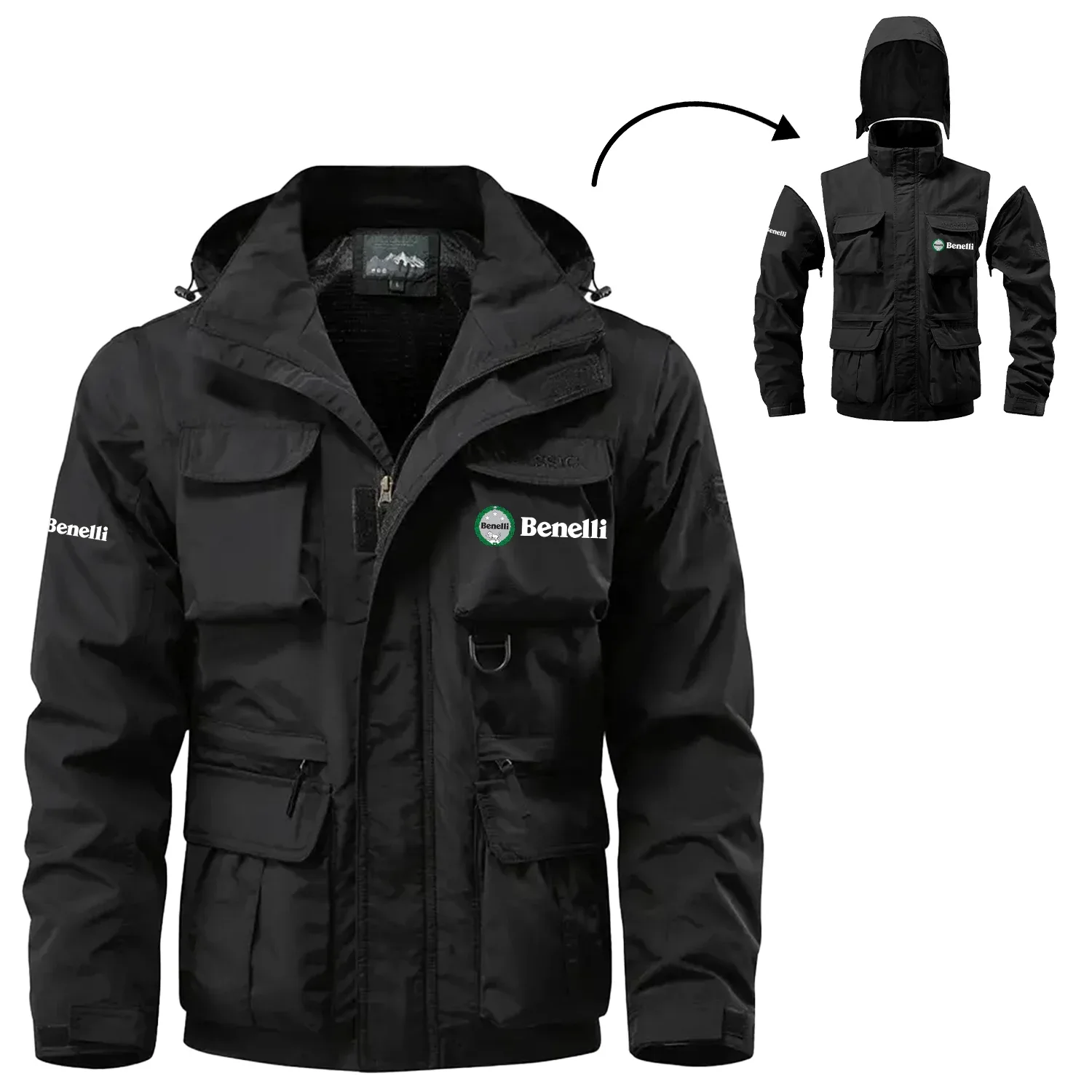 Benelli Exclusive Logo Waterproof Multi Pocket Jacket Detachable Hood and Sleeves OSMTB2MPJ12BNZ – Benelli Jacket