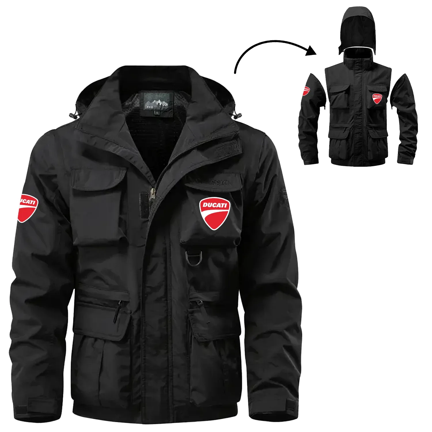 Ducati Exclusive Logo Waterproof Multi Pocket Jacket Detachable Hood and Sleeves OSMTB2MPJ12DCZ – Ducati Jacket