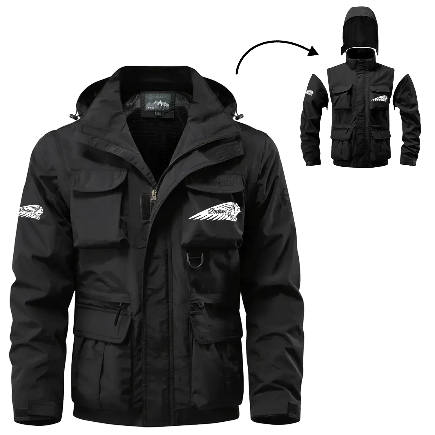 Indian Motorcycle Exclusive Logo Waterproof Multi Pocket Jacket Detachable Hood and Sleeves OSMTB2MPJ12IMZ – Indian Motorcycle Jacket