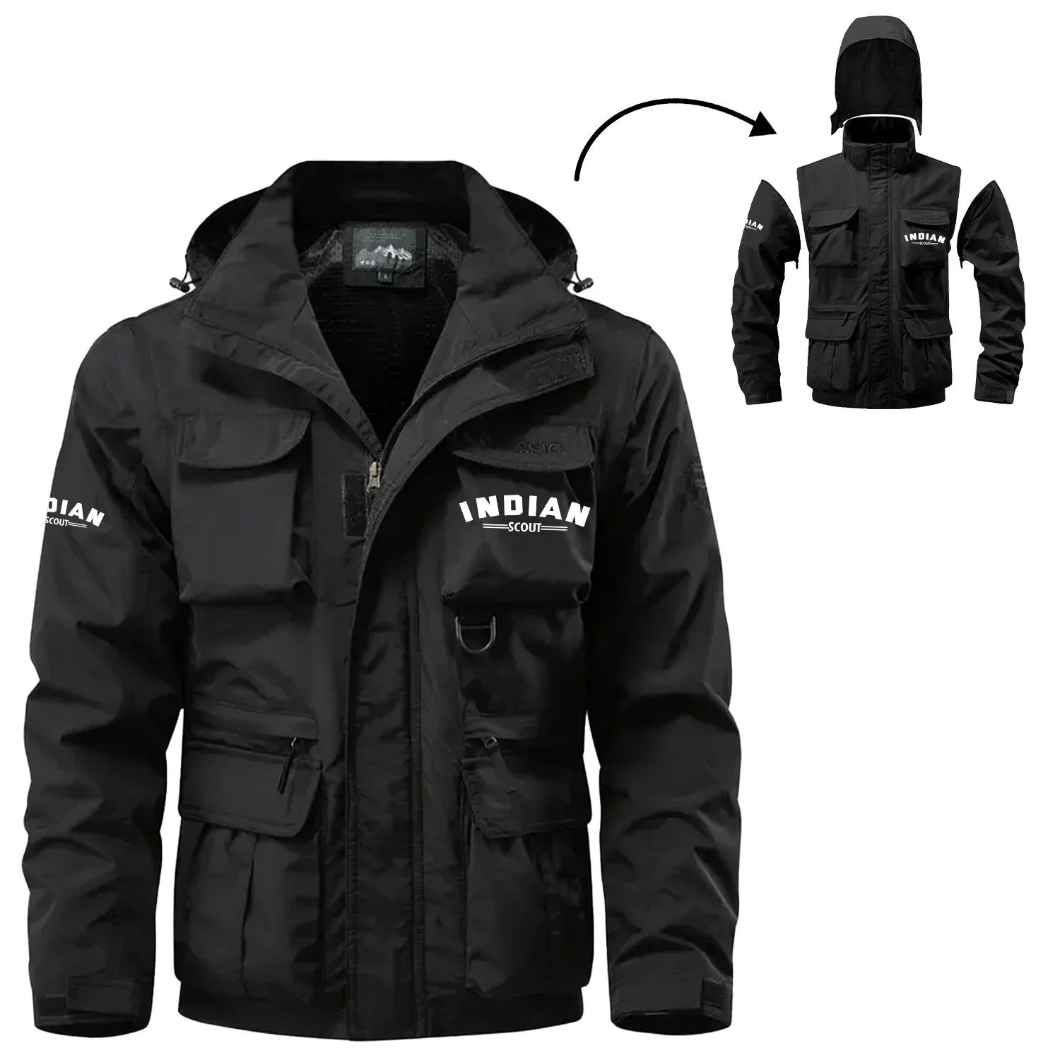 Indian Scout Exclusive Logo Waterproof Multi Pocket Jacket Detachable Hood and Sleeves OSMTB2MPJ12ISZ – Indian Scout Jacket Indian Scout Exclusive Logo Waterproof Multi Pocket Jacket Detachable Hood and Sleeves OSMTB2MPJ12ISZ – Indian Scout Jacket
