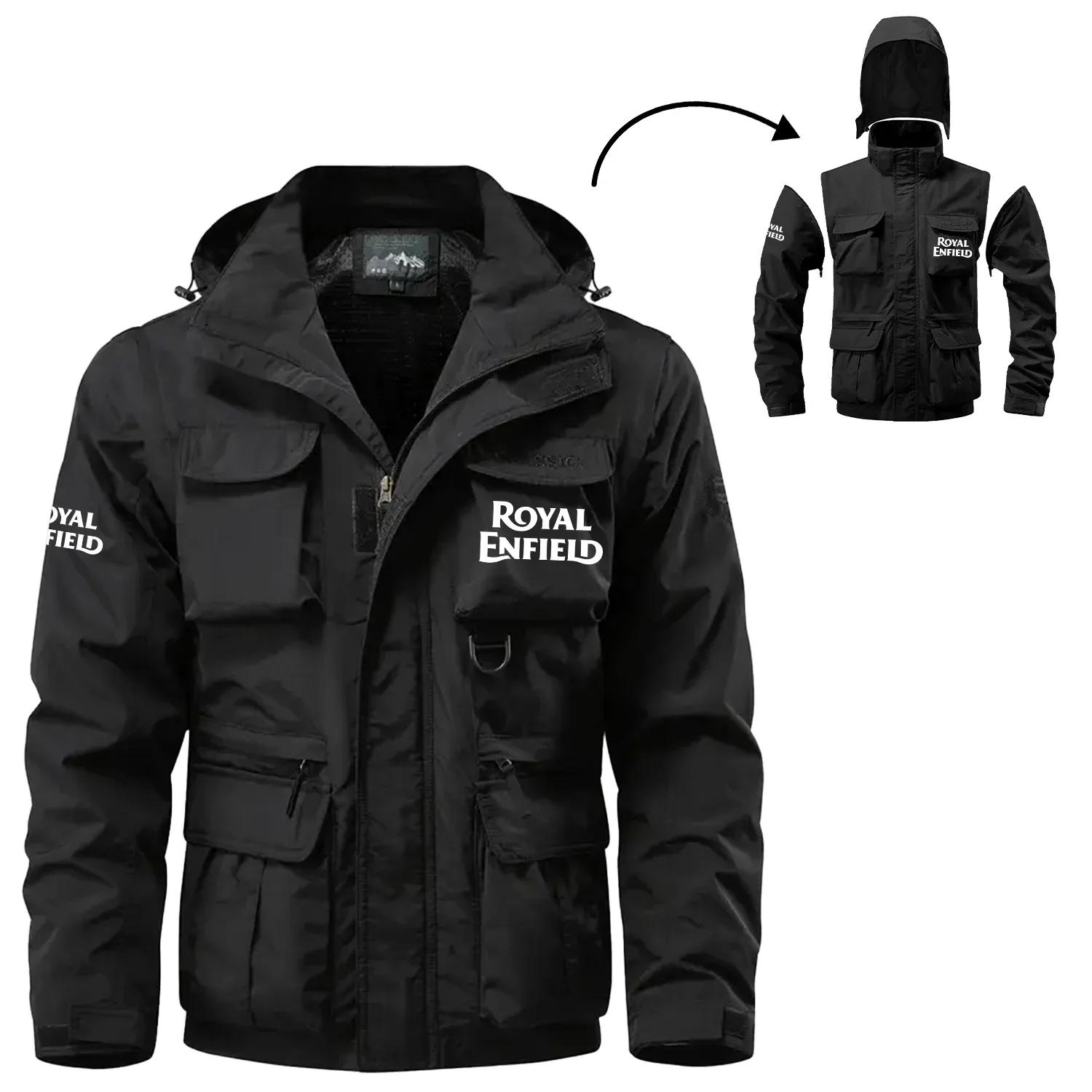 Royal Enfield Exclusive Logo Waterproof Multi Pocket Jacket Detachable Hood and Sleeves OSMTB2MPJ12REZ – Royal Enfield Jacket