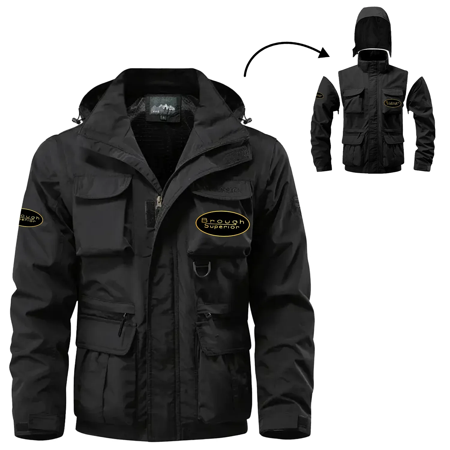 Brough Superior Exclusive Logo Waterproof Multi Pocket Jacket Detachable Hood and Sleeves OSMTBMPJ2905BGSZ – Brough Superior Jacket