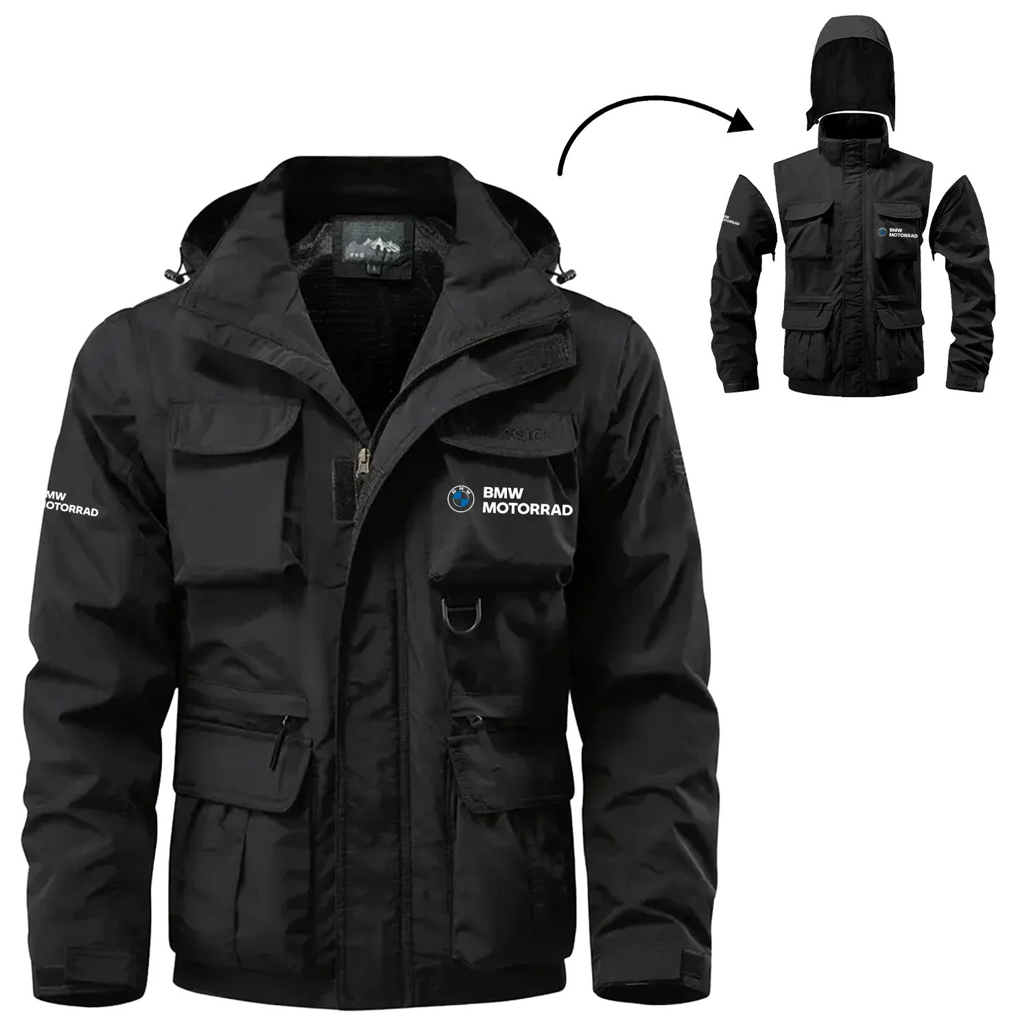BMW Motorrad Exclusive Logo Waterproof Multi Pocket Jacket Detachable Hood and Sleeves OSMTBMPJ2905BWMZ – BMW Motorrad Jacket BMW Motorrad Exclusive Logo Waterproof Multi Pocket Jacket Detachable Hood and Sleeves OSMTBMPJ2905BWMZ – BMW Motorrad Jacket