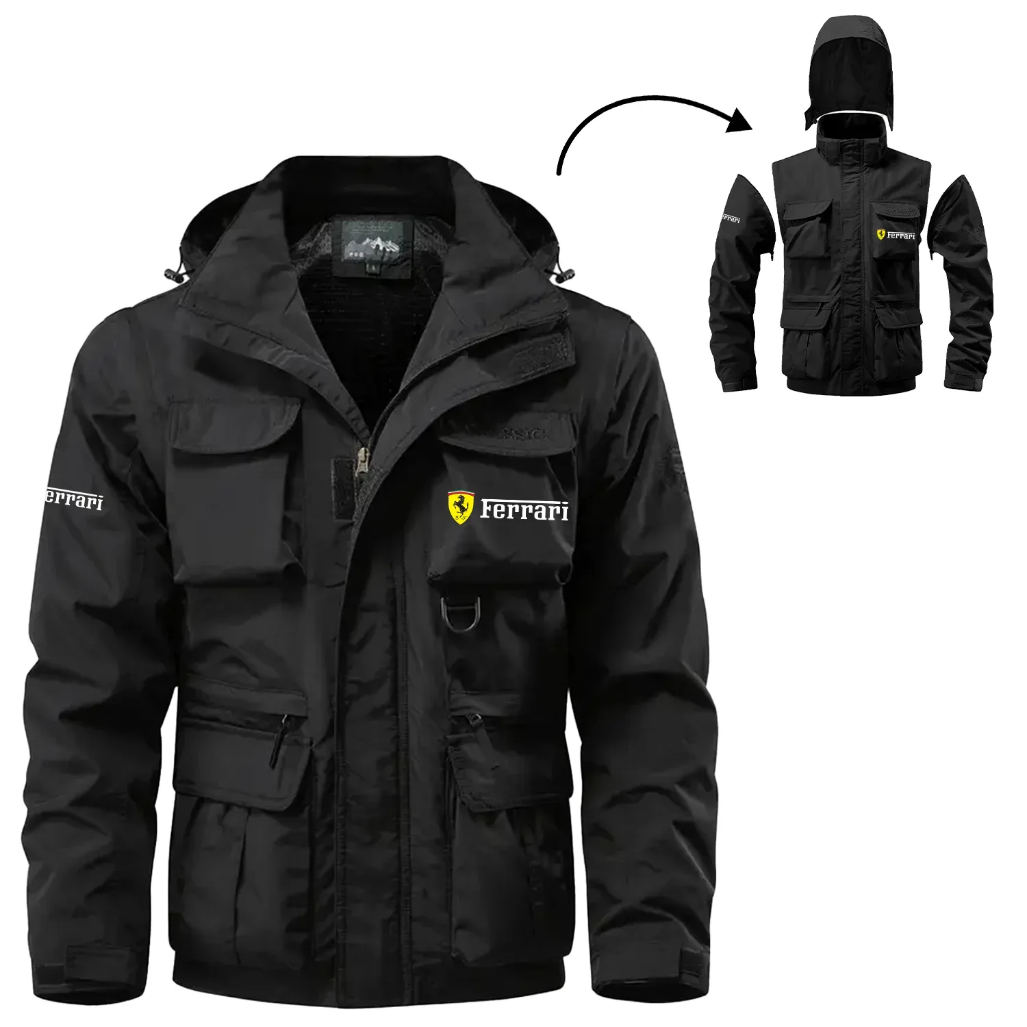 Ferrari Exclusive Logo Waterproof Multi Pocket Jacket Detachable Hood and Sleeves OUFA2MPJ0819FIZ – Ferrari Jacket