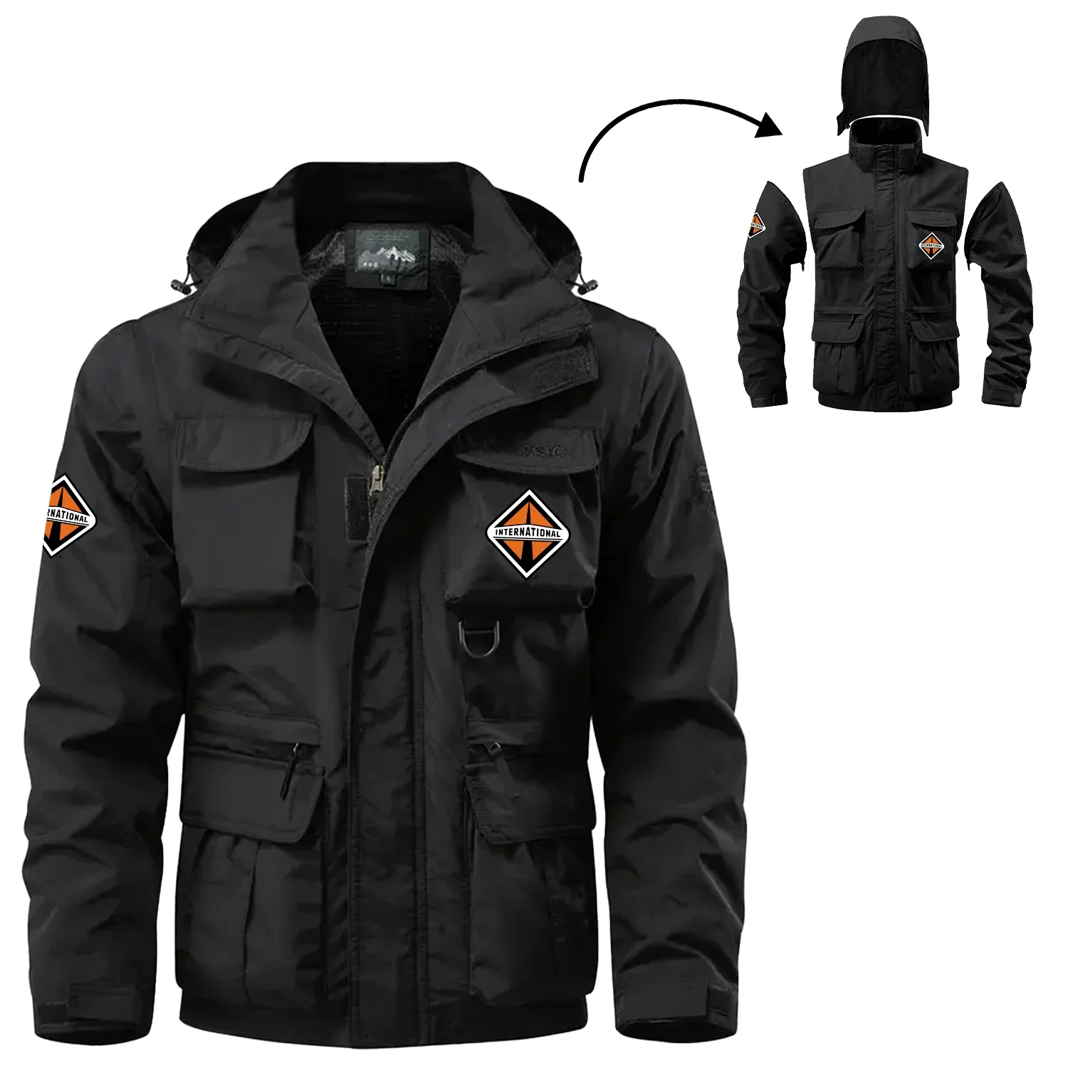 International Trucks Exclusive Logo Waterproof Multi Pocket Jacket Detachable Hood and Sleeves OUFA2MPJ0819INZ – International Trucks Jacket International Trucks Exclusive Logo Waterproof Multi Pocket Jacket Detachable Hood and Sleeves OUFA2MPJ0819INZ – International Trucks Jacket