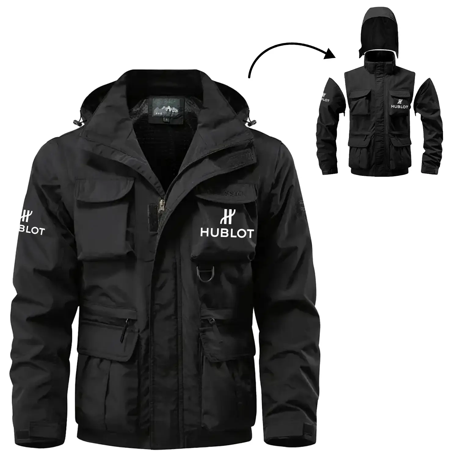 Hublot Exclusive Logo Waterproof Multi Pocket Jacket Detachable Hood and Sleeves OUWCMPJ0805HBZ – Hublot Jacket