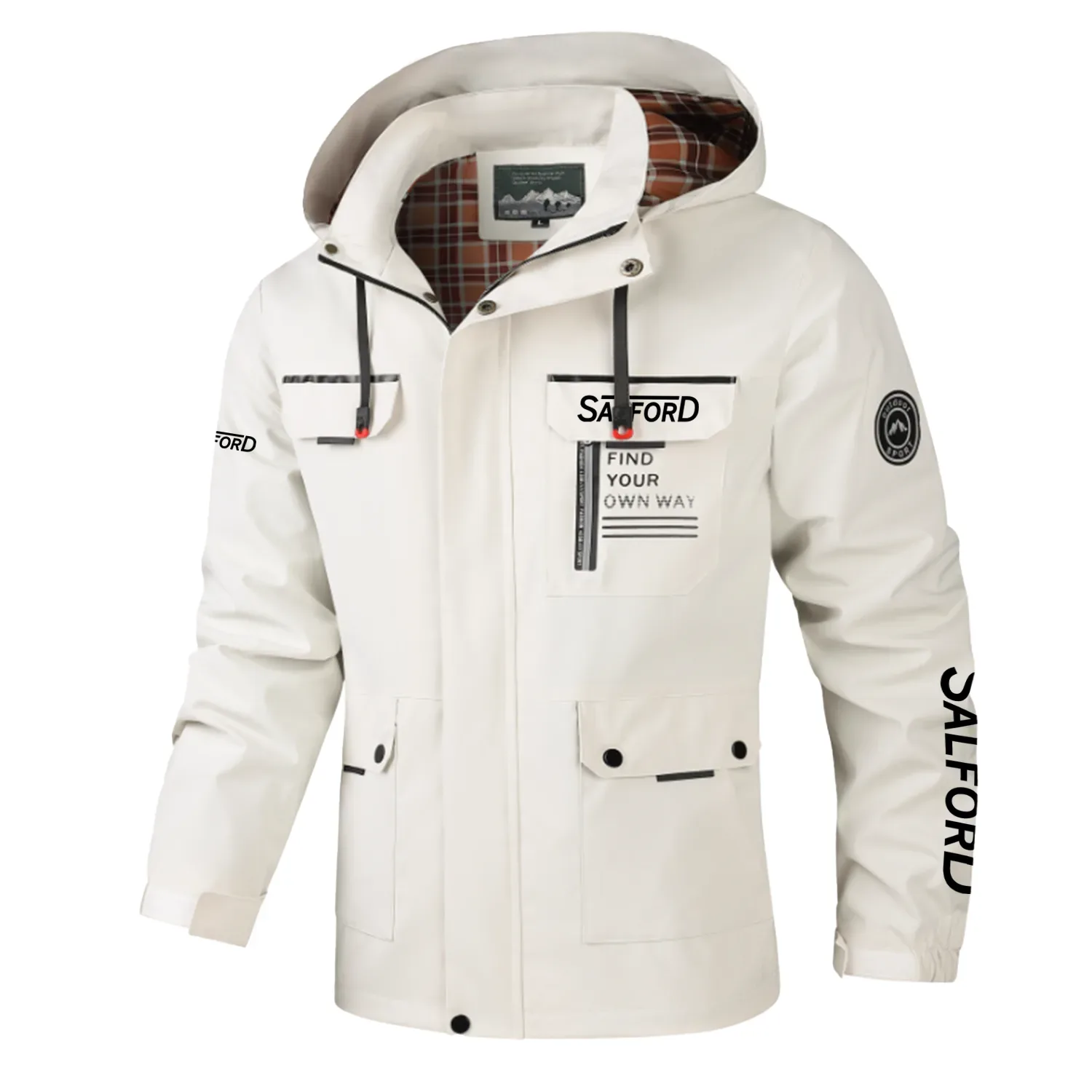 Salford Group Exclusive Logo Multi-Pocket Windbreaker Jacket, Waterproof, Detachable Hood Coat OUFASJ0819SGZ – Salford Group Gift