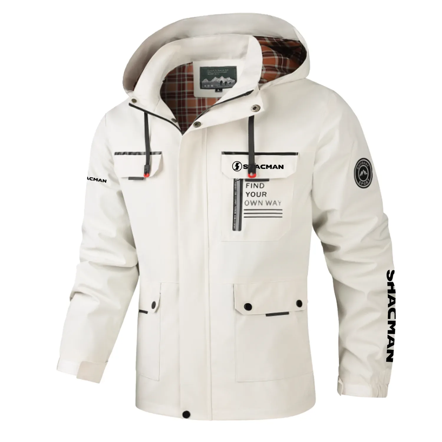 Shacman Exclusive Logo Multi-Pocket Windbreaker Jacket, Waterproof, Detachable Hood Coat OUFASJ0819SMZ – Shacman Gift